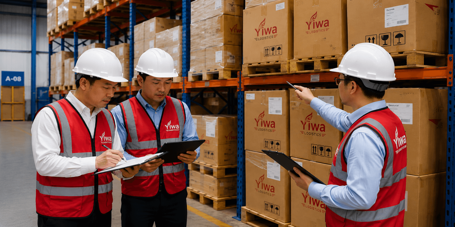 Warehouse inspection team checking cargo boxes before shipment